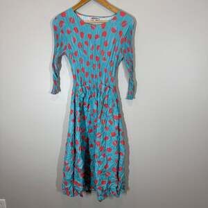 Alquema Pleated Midi Dress Size 0 Teal Red Polka Dot Long Sleeve Crinkle